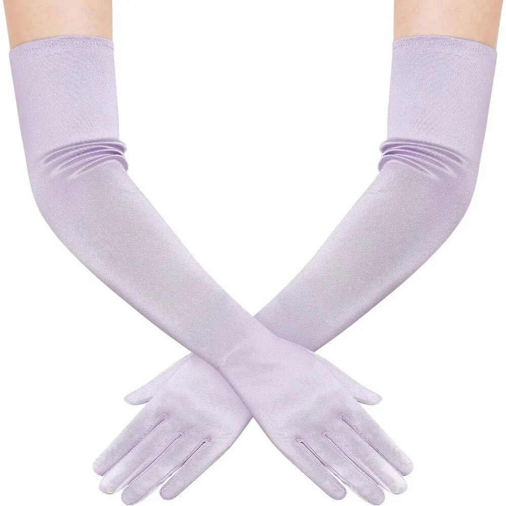 Women's Light Purple Vintage Satin Long Gloves Costume Stretchy Elbow Length